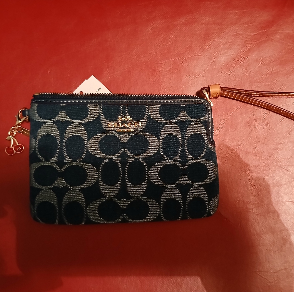COPY - Coach Blue Clutch with Signature Monogram and Gold Accents